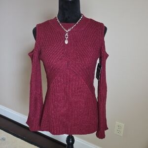 Boston Proper Burgundy Cold-Shoulder Ribbed Knit Sweater